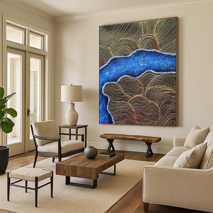 Gold - Line & Blue - Pattern Abstract Art for Luxury Hotel Lobby & Bohemian Bedroom DLZ1352
