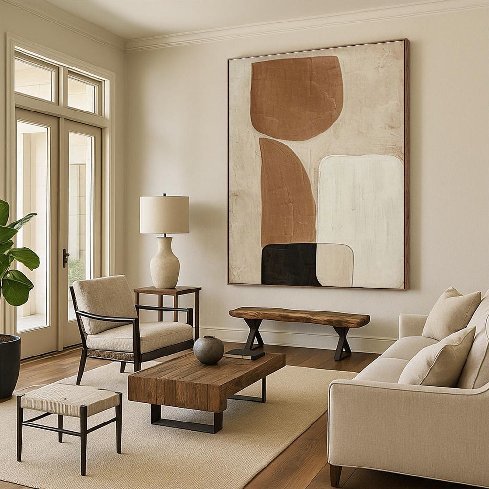 Brown and Beige Abstract Shapes Art for Neutral - Toned Study & Mid - Century Modern Home DLZ2194