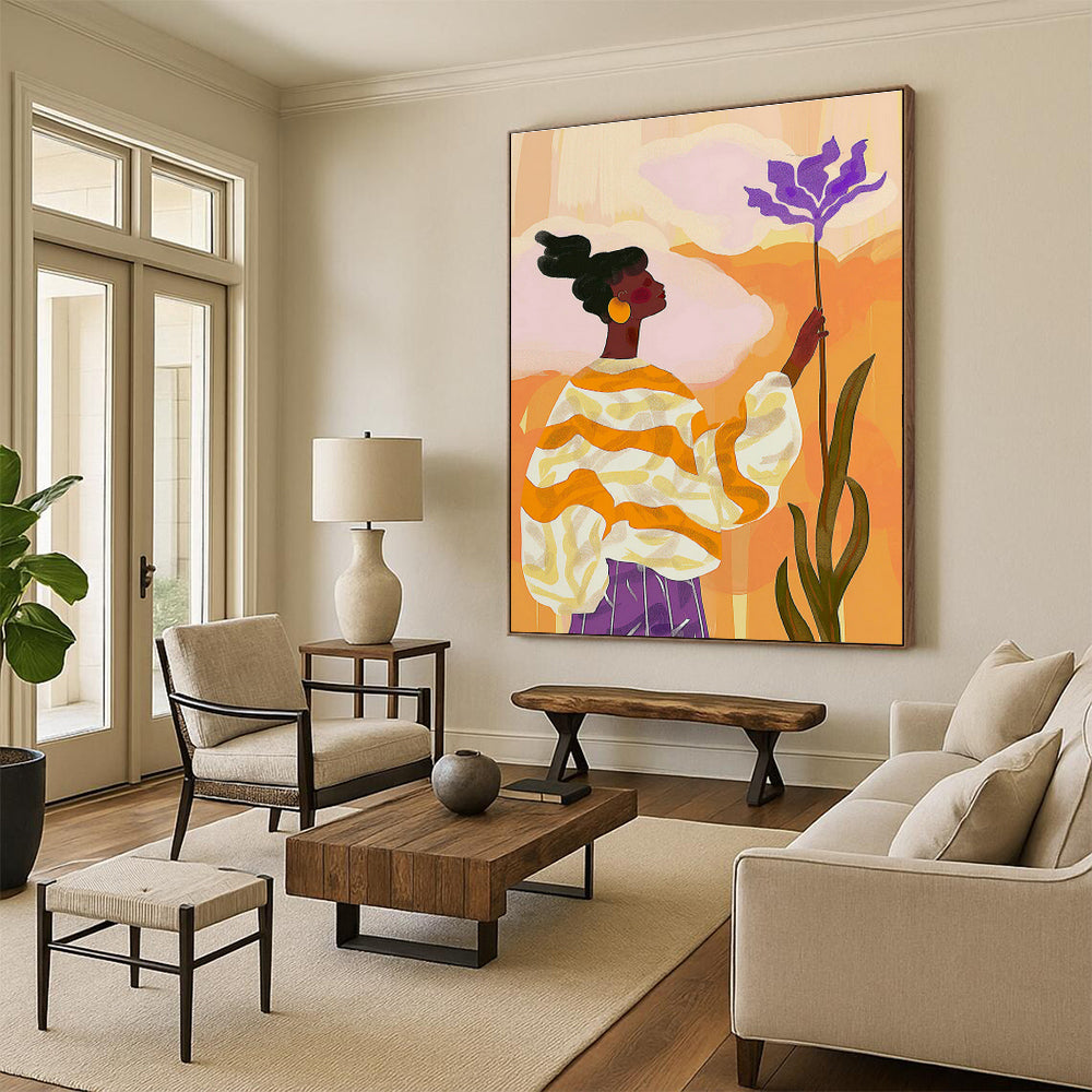 Woman with Purple Flower in Orange - Yellow Art for Bohemian Café & Creative Studio DLZ0695