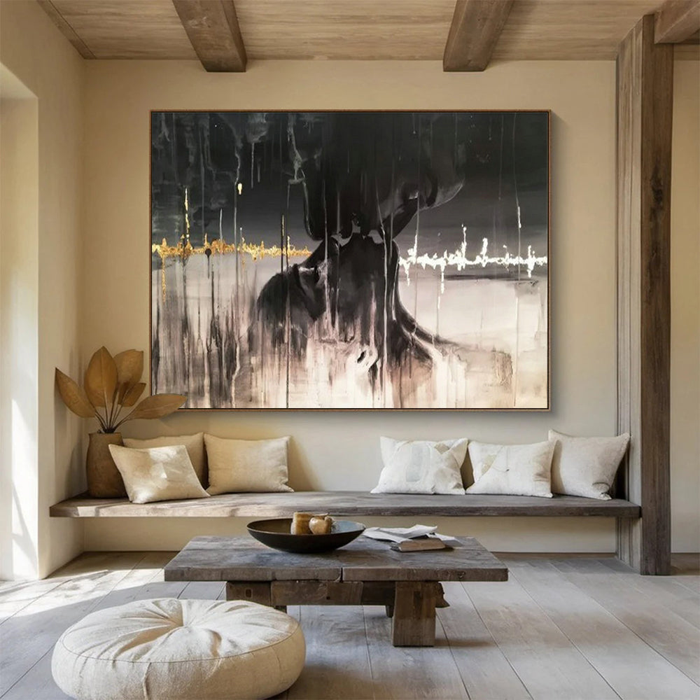 Black - Gold Abstract Art for Luxury Hotel Rooftop Bar Decor DLZ3284