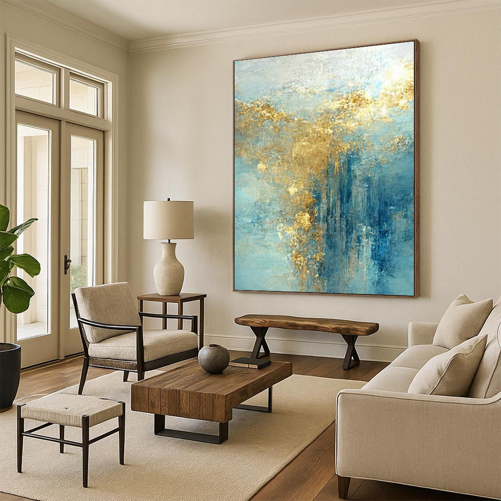 Light Blue - Gold Abstract Art for Lakeside Cottage & Wellness Retreat DLZ1907