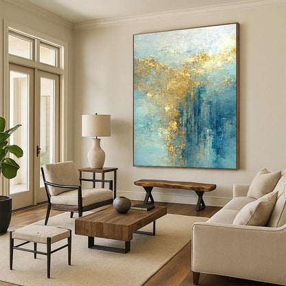 Light Blue - Gold Abstract Art for Lakeside Cottage & Wellness Retreat DLZ1907