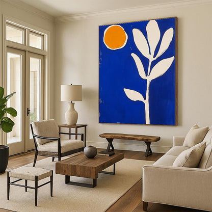 Blue Background with Orange Circle and White Leaf Art for Modern Bedroom & Eco - Friendly Store STSC1316
