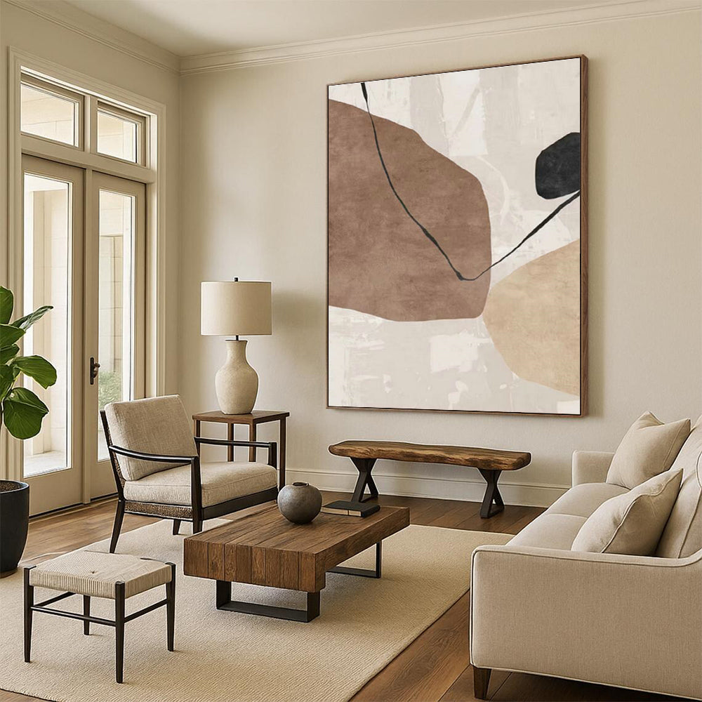 Beige and Black Abstract Forms Art for Minimalist Bedroom & Contemporary Art Lounge DLZ2219