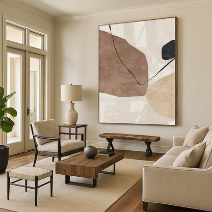 Beige and Black Abstract Forms Art for Minimalist Bedroom & Contemporary Art Lounge DLZ2219