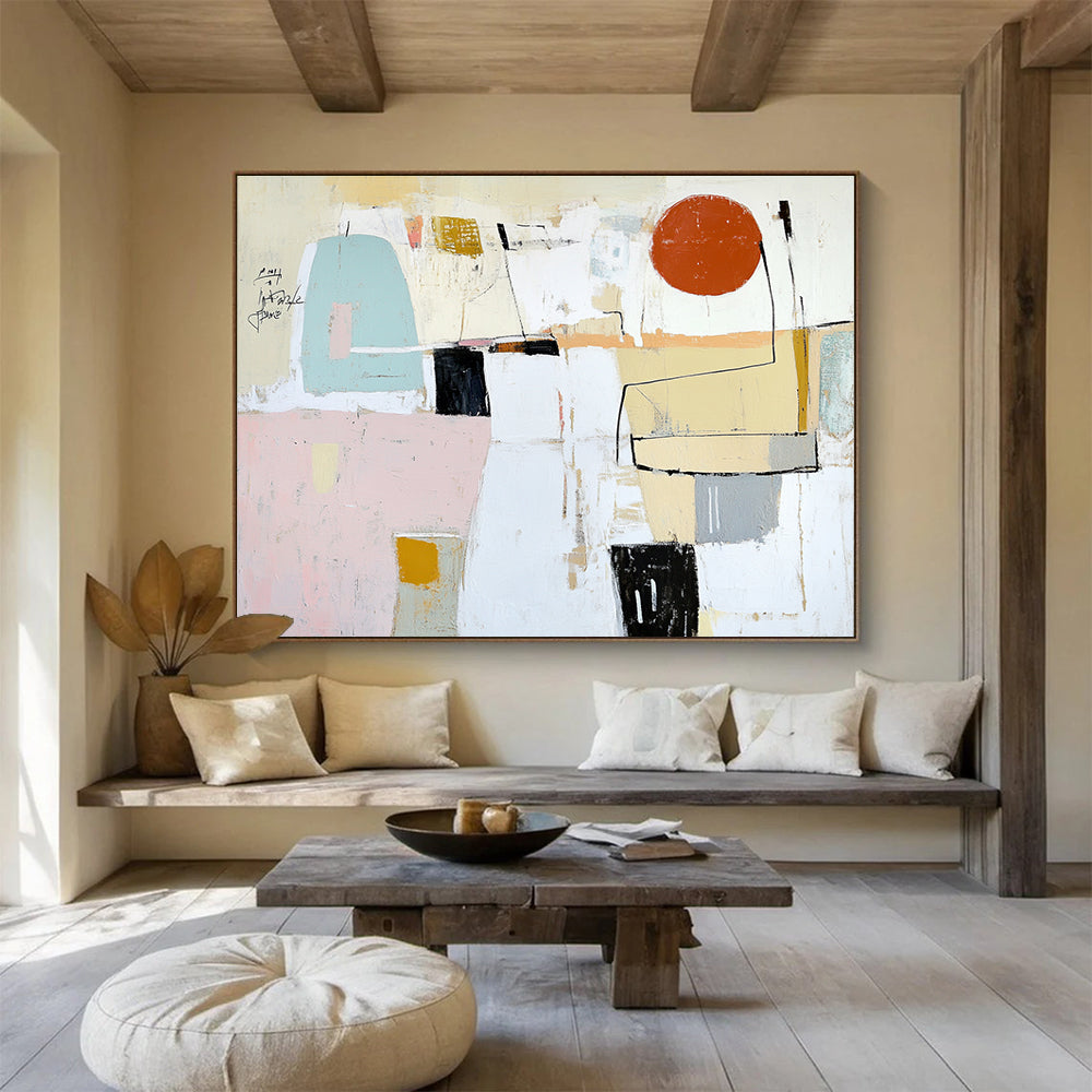 Minimalist Abstract with Red Circle Art for Art Gallery Corridor & Scandinavian - Style Home SC041