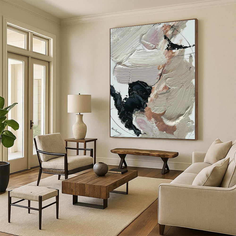 Beige, Black & Pink Abstract Art for Bohemian Bedroom & Chic Café DLZ0823