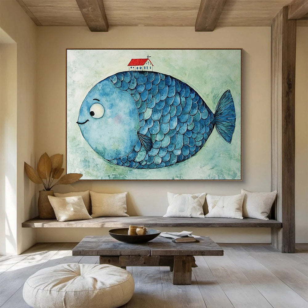 Fish with House Art for Nautical - Themed Children’s Room & Coastal Café SC478
