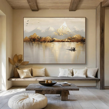 Mountain - Lake Boat Oil Painting for Rustic Cabin Living Areas DLZ2542