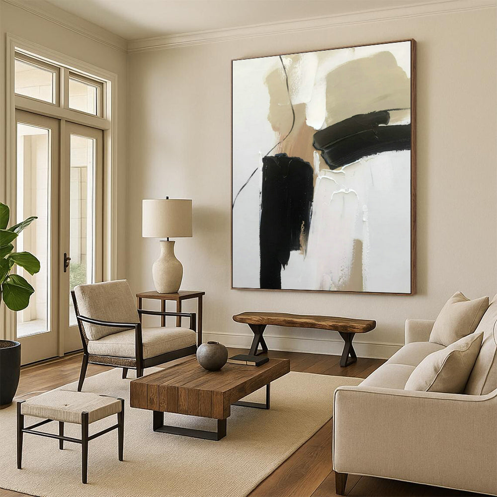 Black - Beige - White Abstract Art for Boutique Hotel Suite & Modern Home Library DLZ1685