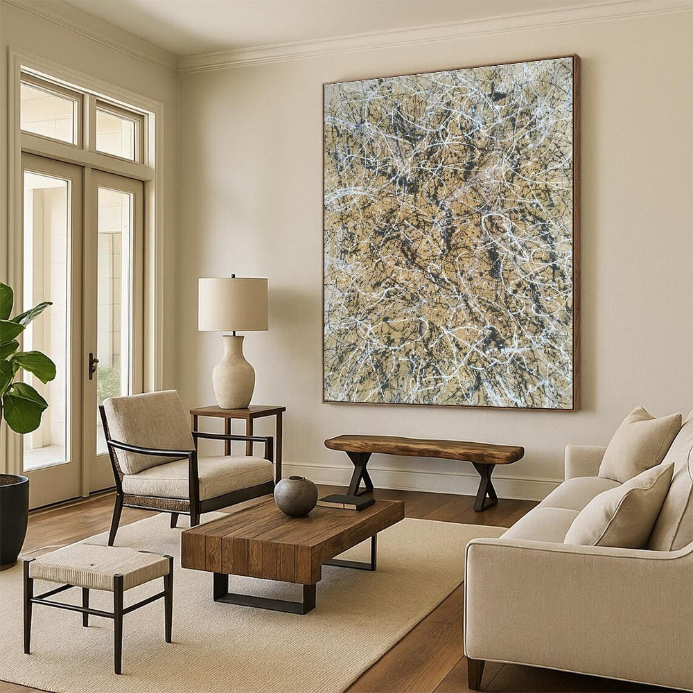 Beige - Gold Splatter Abstract Art for Luxury Boutique Hotel Room & Art Gallery Café DLZ1798