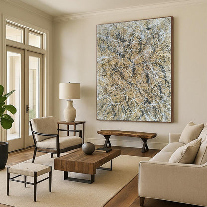 Beige - Gold Splatter Abstract Art for Luxury Boutique Hotel Room & Art Gallery Café DLZ1798