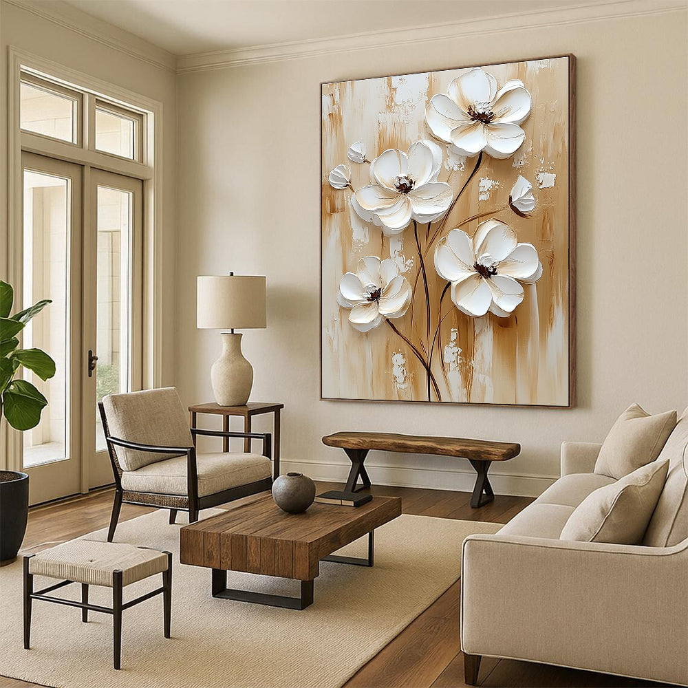 3D White Flowers on Wood Rustic Floral Art for Farmhouse - Style Kitchen & Cozy Home Porch STSC1479