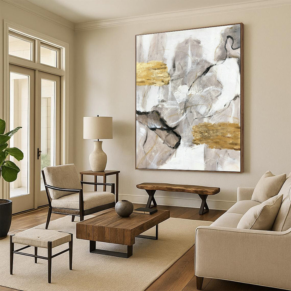 Gray - Gold Abstract Painting for Luxury Hotel Lobby & Art Deco Penthouse DLZ1308