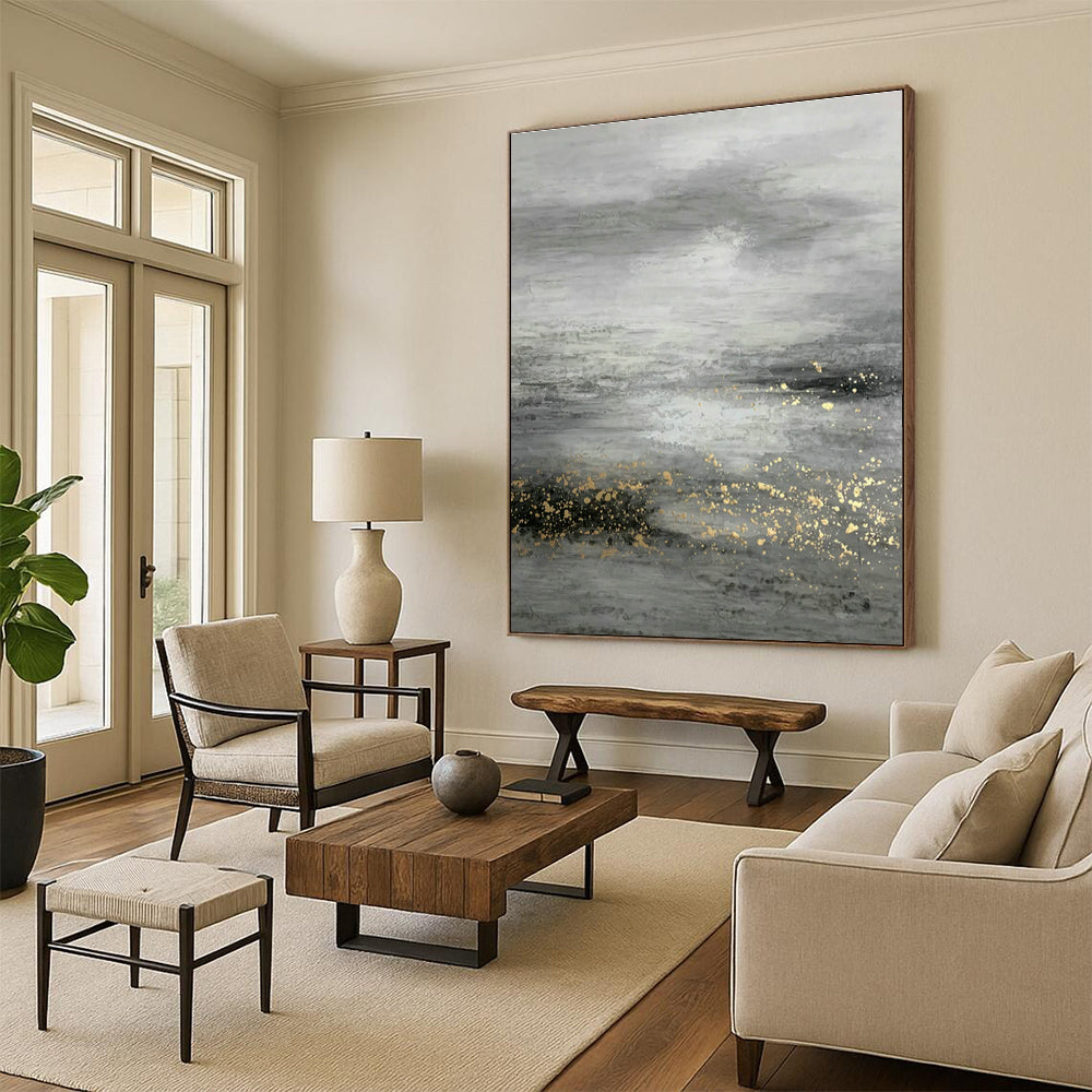 Grey - Gold Ocean Abstract Art for Living Room & Bedroom DLZ0534