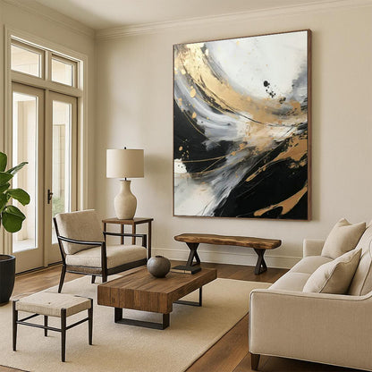 Black - Gold - Silver Abstract Art for Trendy Nightclub & Modern Home Office DLZ1732