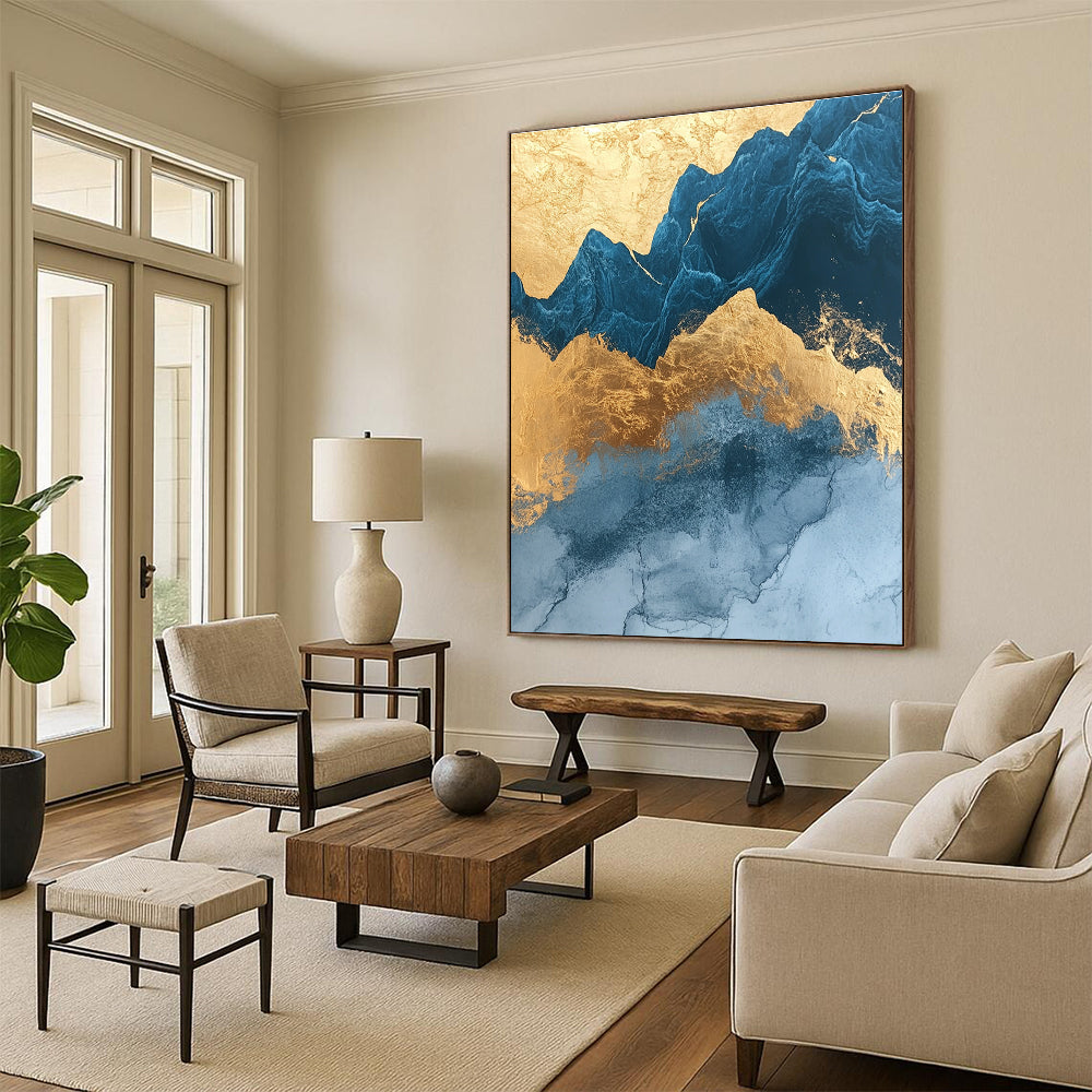 Blue and Gold Mountain Patterns Art for Luxury Hotel Suite & Asian - Inspired Restaurant STSC1312