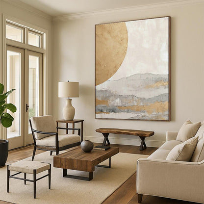 Gold Moon and Mountain Abstract Art for Zen - Inspired Spa & Asian - Inspired Home Living Room DLZ1625