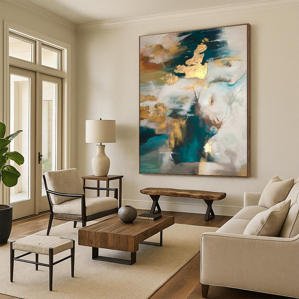 Blue - Gold - White Abstract Art for Coastal Luxury Home & High - End Art Lounge DLZ1899