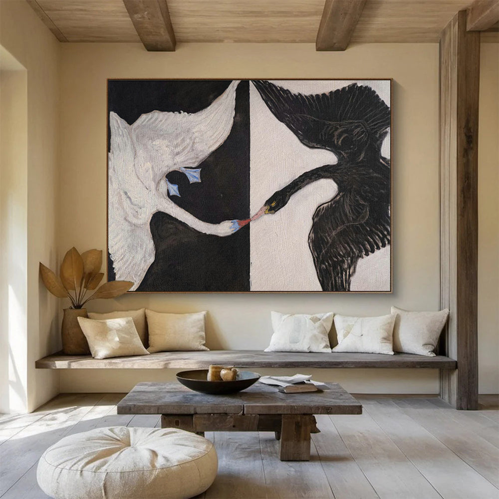 Black - White Swan Oil Painting for Symbolic Home Offices DLZ2509