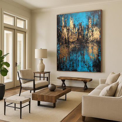 Blue and Gold Cityscape Abstract for Luxury Hotel Lobby & Architect’s Studio STSC152