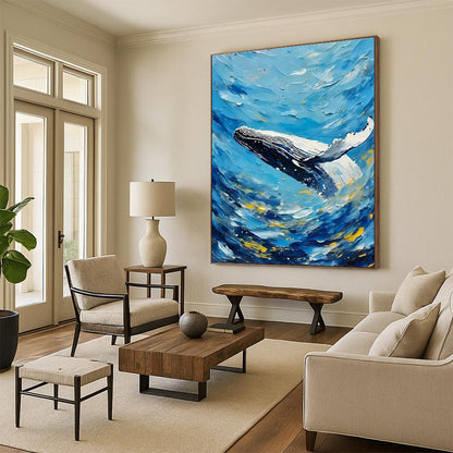Blue Sea Whale Oil Art for Coastal Home Living Rooms & Beach House Guest Suites DLZ0292