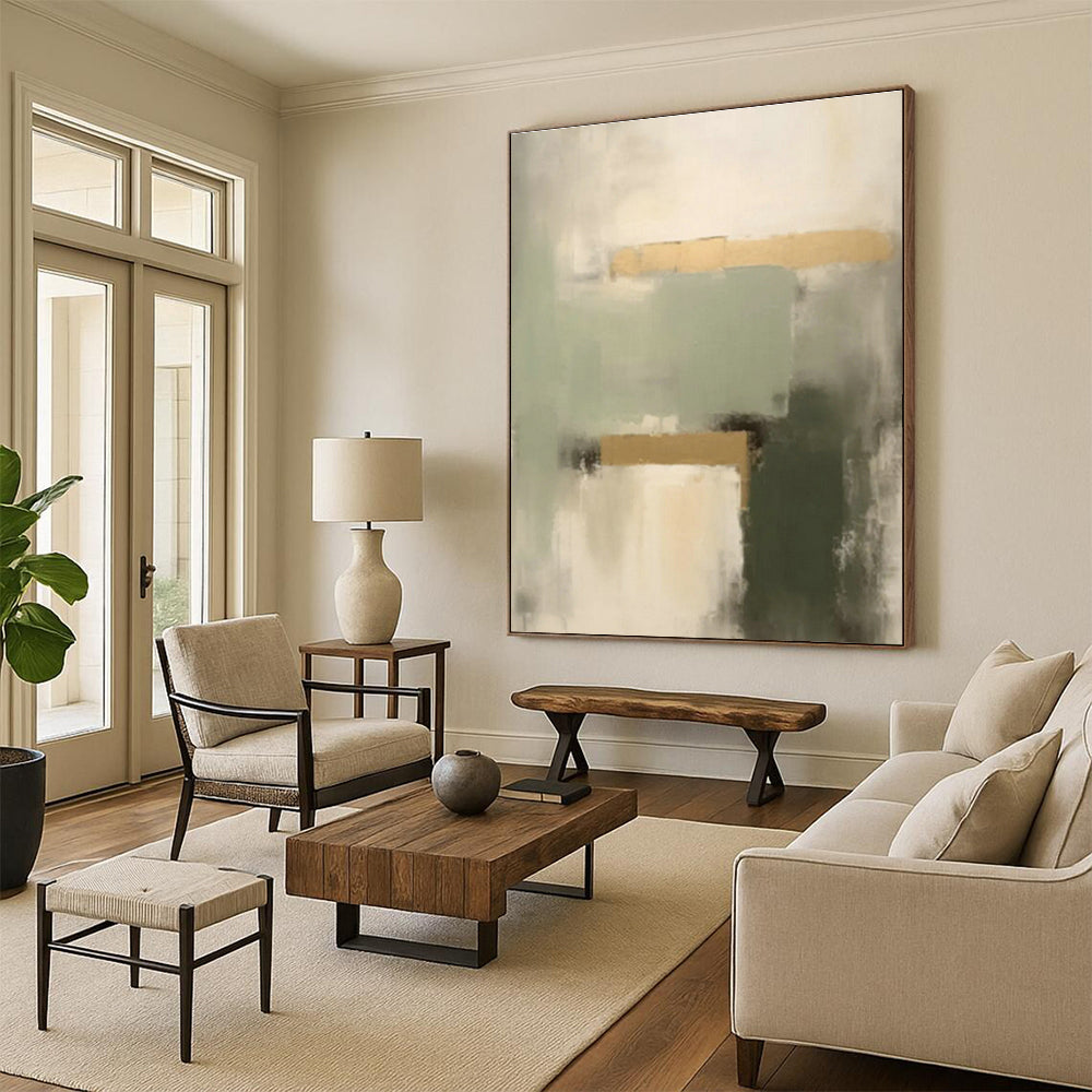 Sage - Gold Abstract Art for Bohemian Boutique Hotel & Art Deco Dining Room DLZ0845