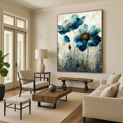Blue Floral Oil Painting for Elegant Bedroom & Floral - Themed Café DLZ1820