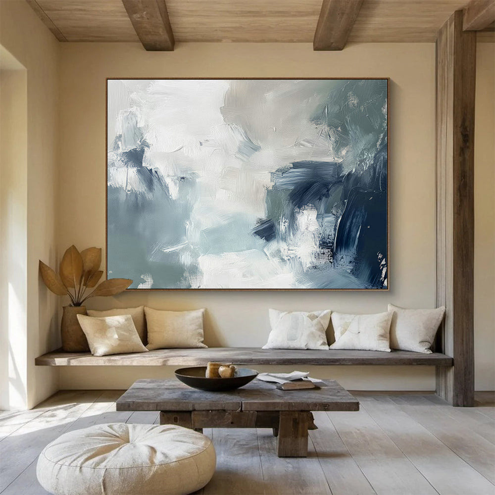 Gray - White - Blue Abstract Art for Coastal Home Living Room Accents DLZ2620