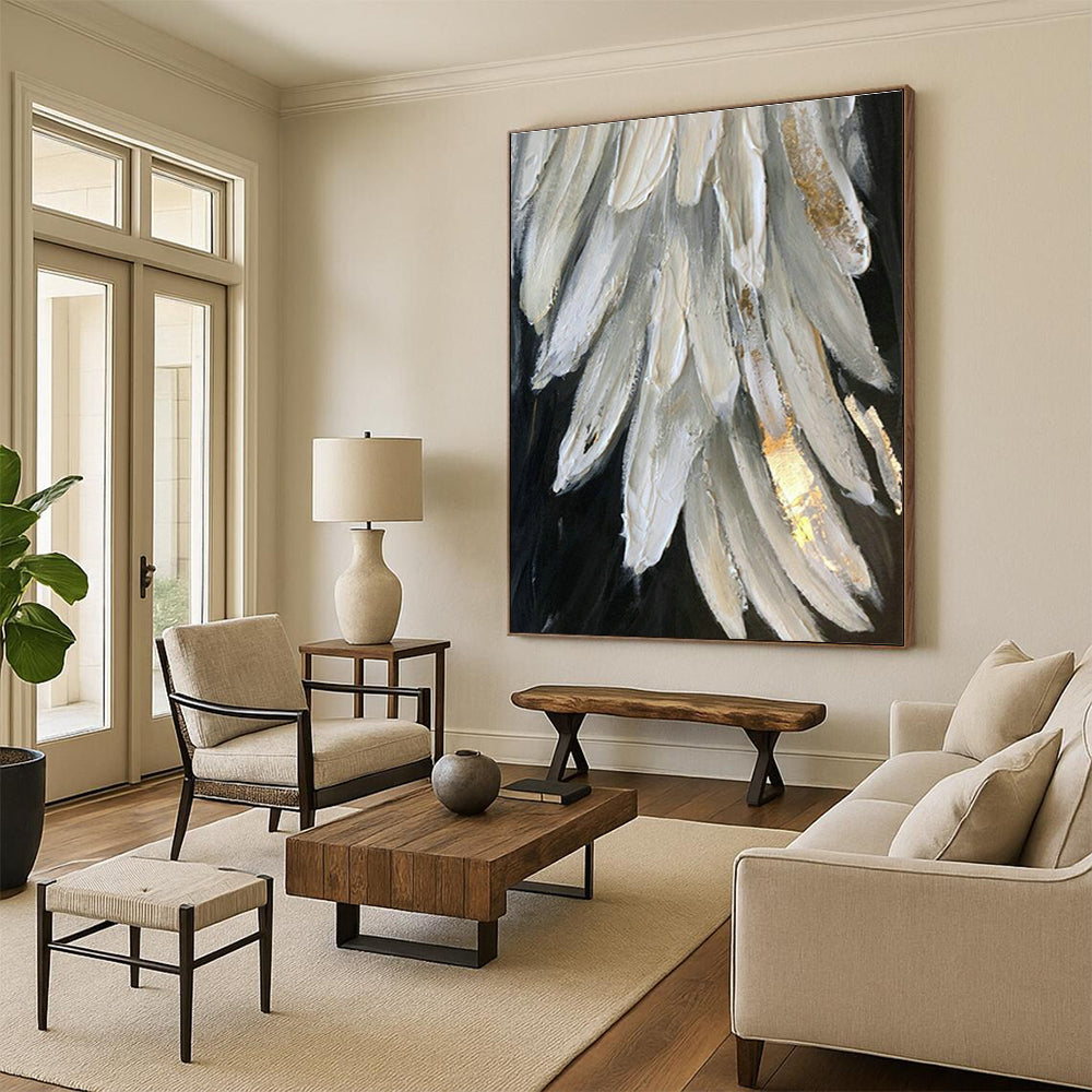 Gold - Accented White Feather Art for Bridal Suite & Luxury Bedroom DLZ0671