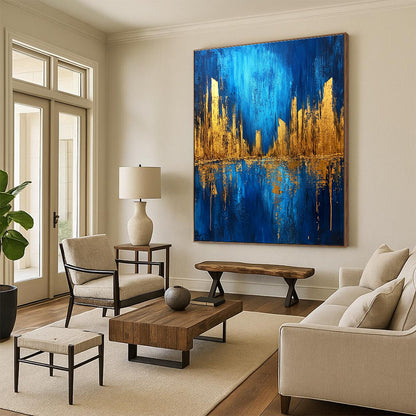 Blue and Gold Cityscape for Modern Living Room & Travel - Lover’s Lounge STSC578