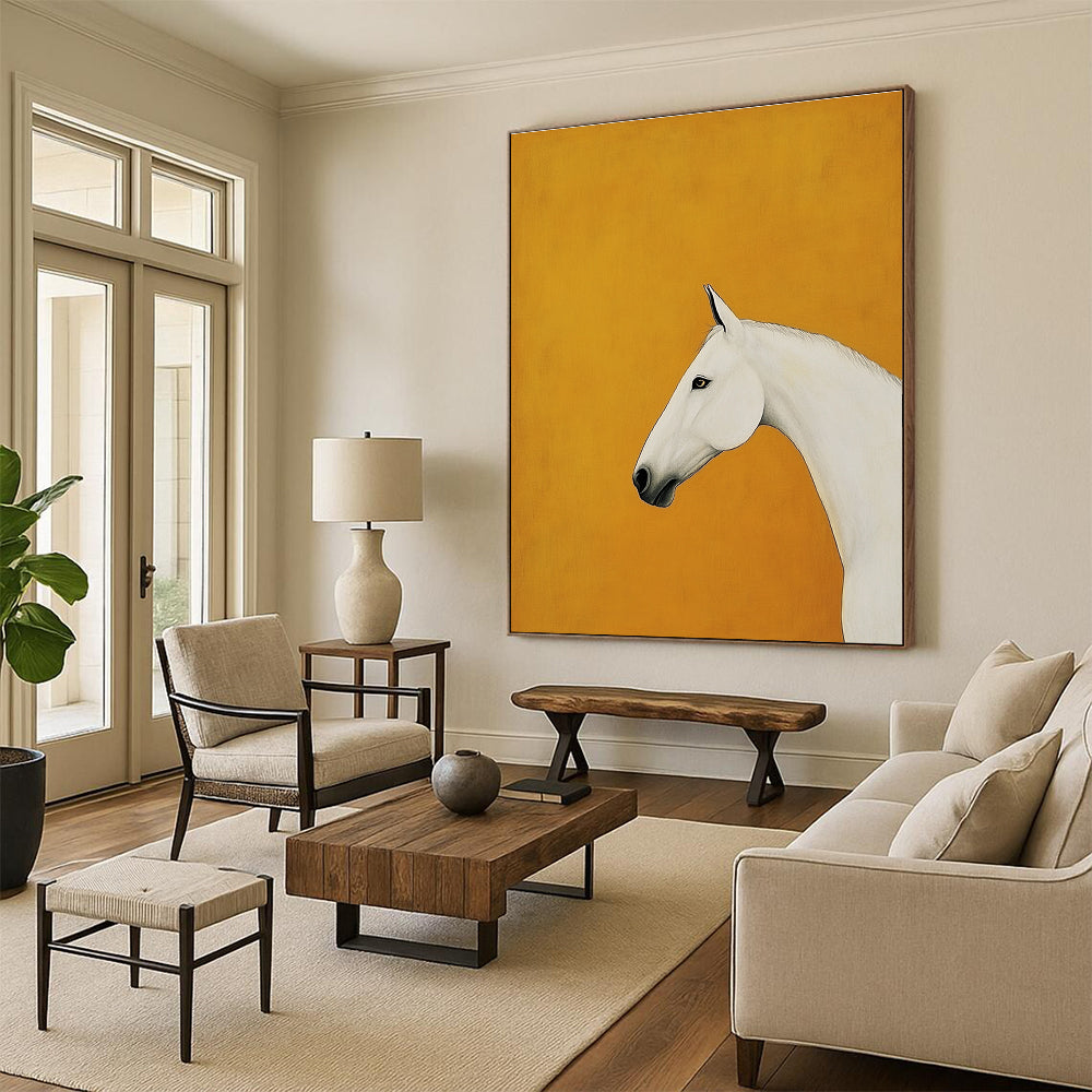 White Horse on Orange Background Art for Equestrian - Themed Home & Luxury Hotel Lobby STSC1348