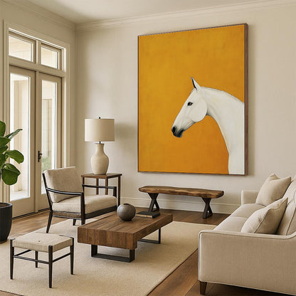 White Horse on Orange Background Art for Equestrian - Themed Home & Luxury Hotel Lobby STSC1348
