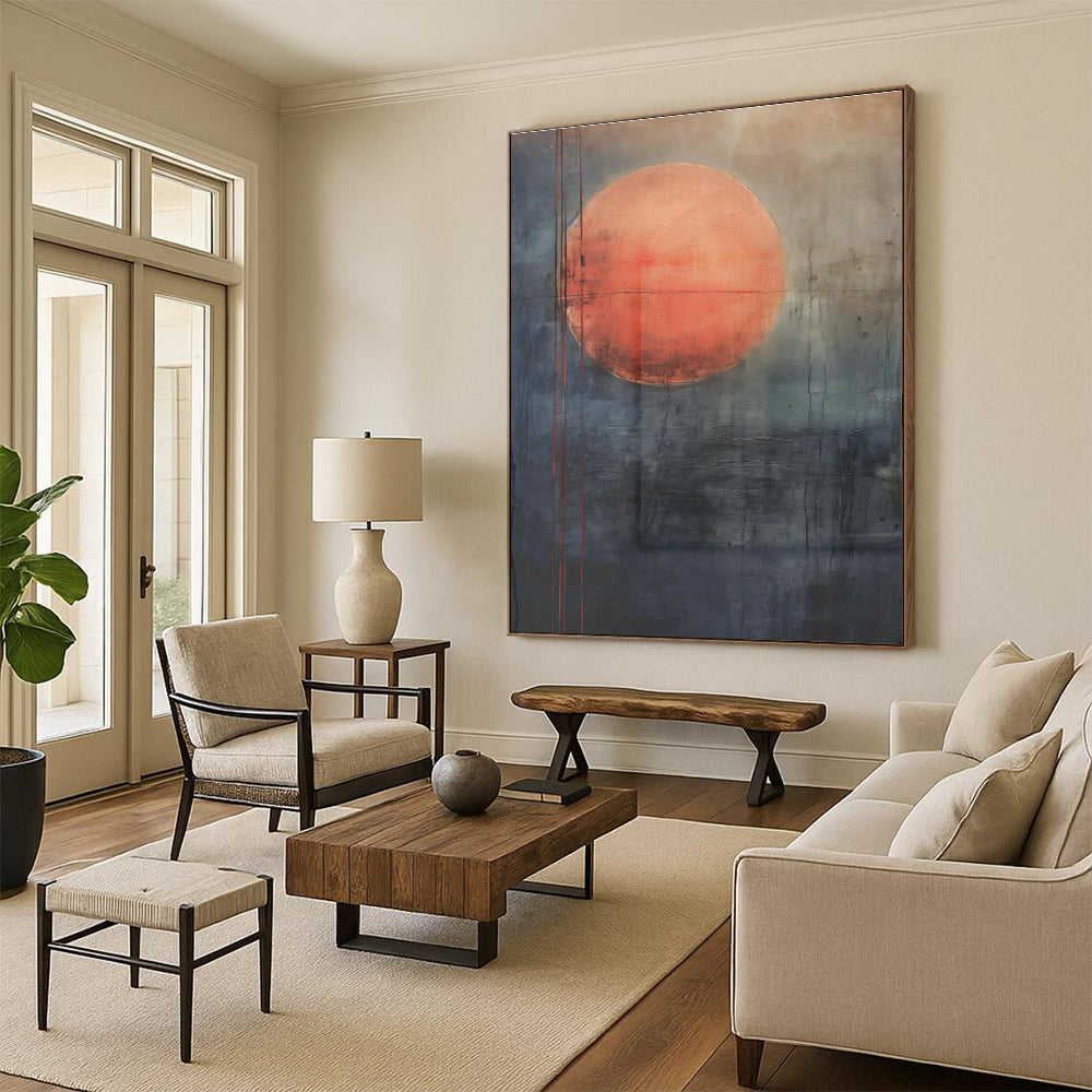 Red Moon on Gray Abstract Art for Bohemian - Inspired Lounge & Mystical Bookstore DLZ0747