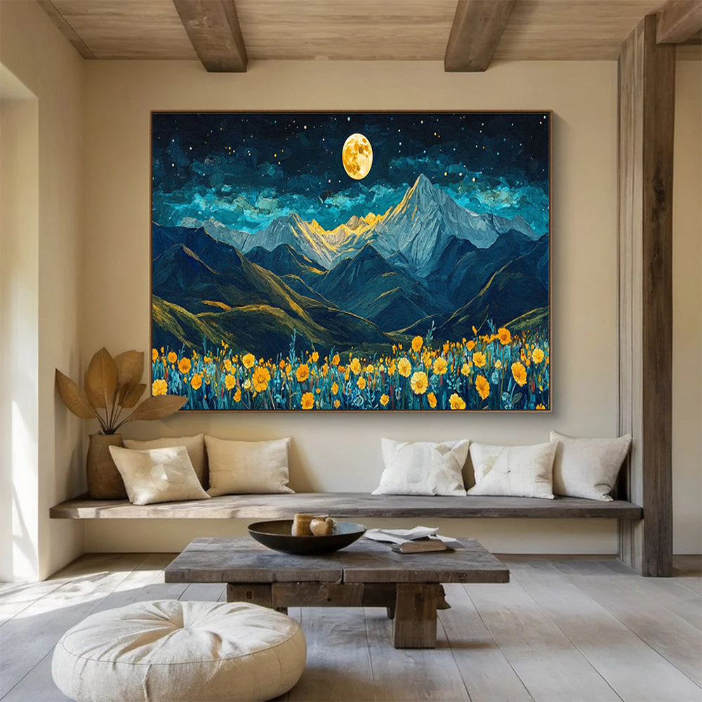 Moonlit Mountain Landscape with Flower Field Art for Inspirational Home Offices DLZ3078
