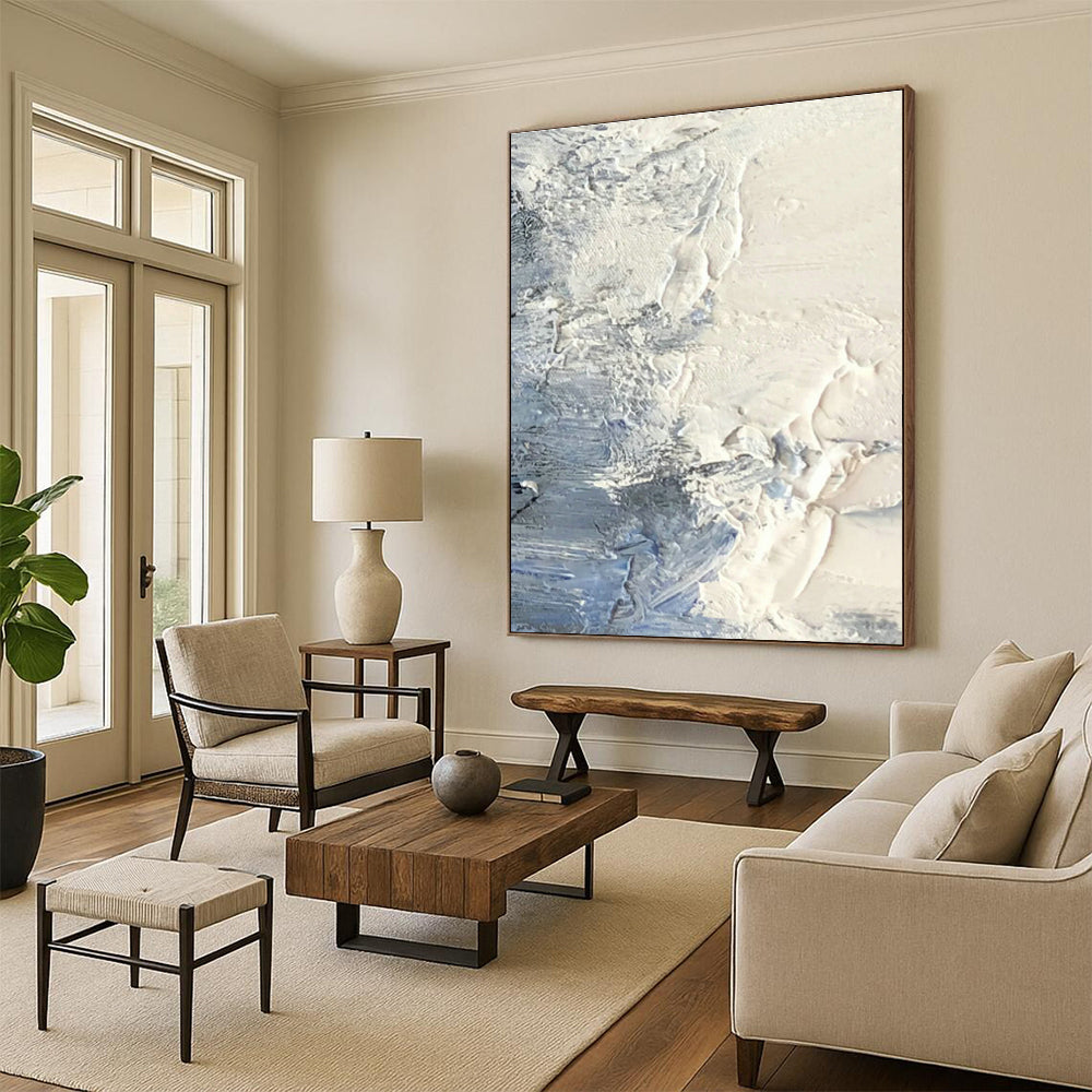 White - Blue Impasto Abstract Art for Beach House & Coastal Yoga Studio DLZ1272
