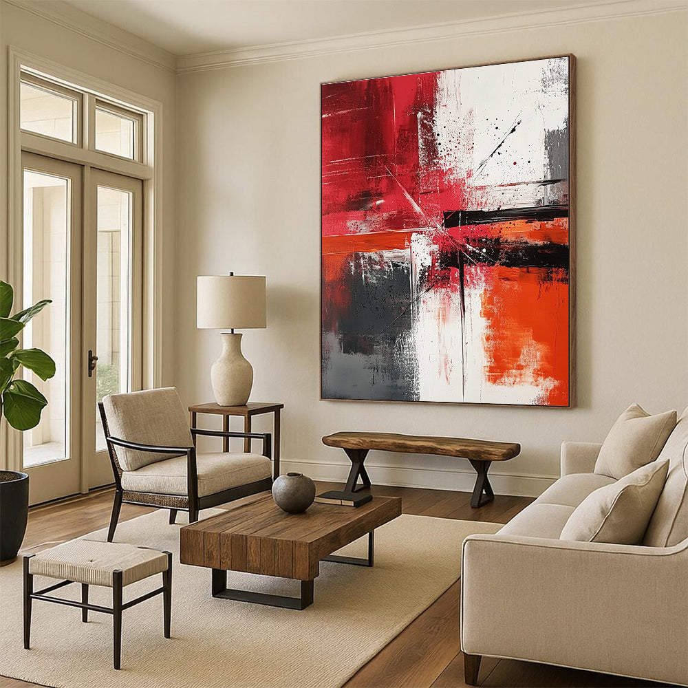 Red, Black, and White Abstract Dynamism Art for Bold Living Room & Contemporary Art Showroom STSC1357