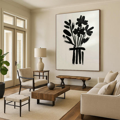 Black Floral Bouquet Art for Modern Minimalist Home & Monochrome Café DLZ0691