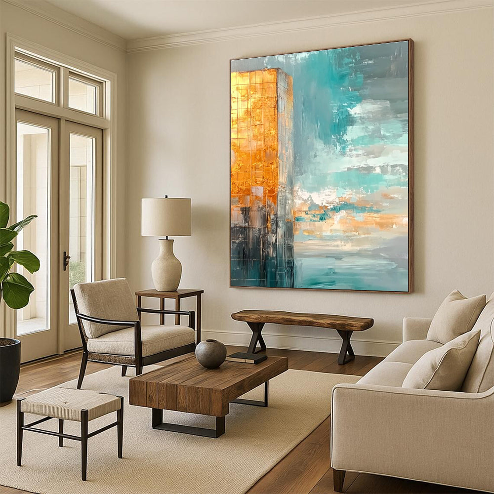 Golden - Blue Urban Abstract Art for City Apartment & Office Reception STSC090