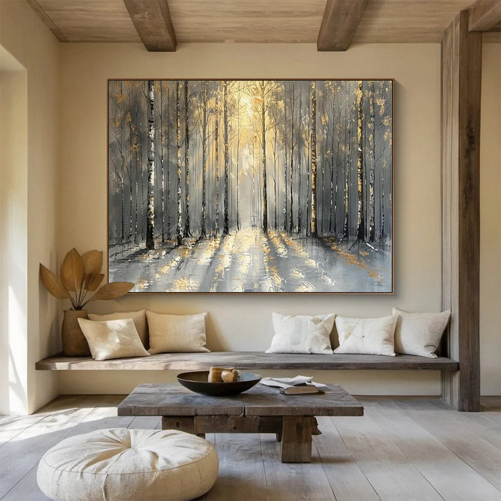 Golden Forest Path Art for Luxury Mountain Chalet Living Areas DLZ3186