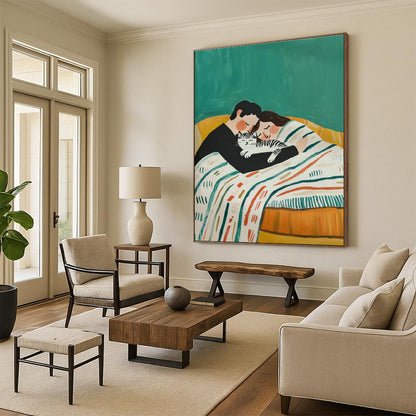 Couple with Cat on Green Sofa Art for Pet - Friendly Home & Cozy Café DLZ0699