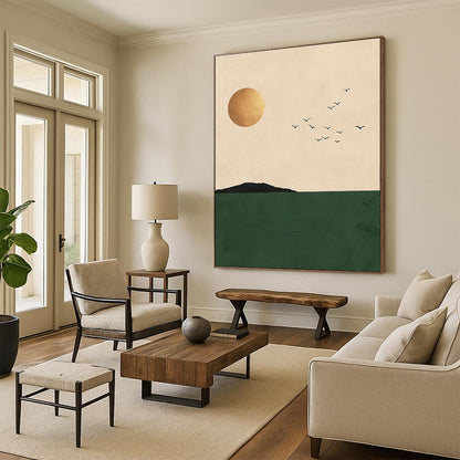 Golden Sun, Birds, and Green Sea Art for Coastal Home Living Area & Wellness Retreat STSC1338
