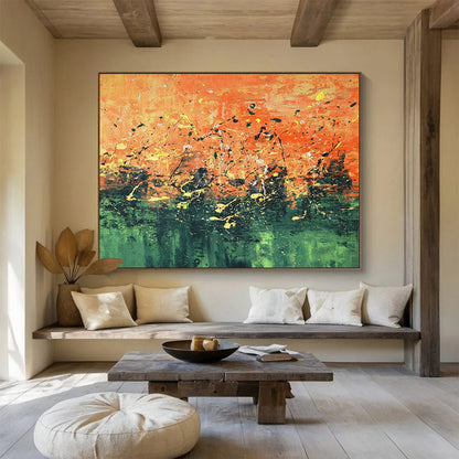 Orange - Green Splatter Abstract Art for Art Gallery Cafés DLZ2539