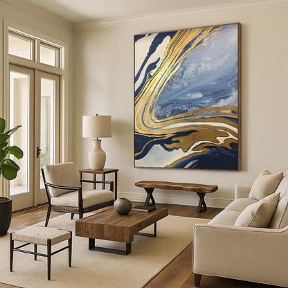 Blue - Gold Marble Abstract for High - End Jewelry Store & Luxury Penthouse Lounge DLZ0887