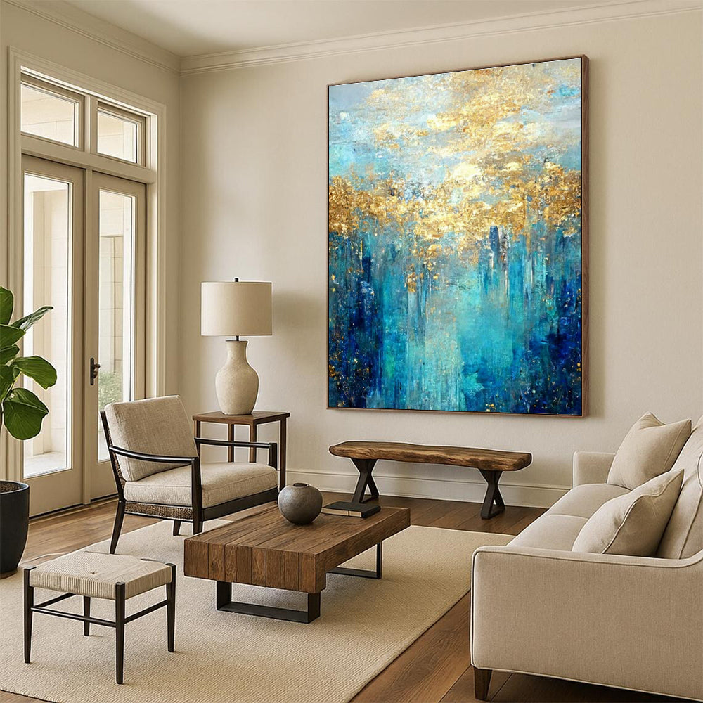 Gold - Blue Forest - Inspired Abstract Art for Luxury Lakeside Villa & Upscale Art Lounge DLZ1912