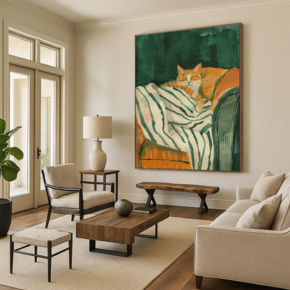 Orange Cat on Striped Blanket Art for Pet - Lover’s Bedroom & Cat Café DLZ0702
