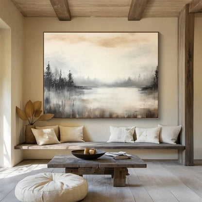 Misty Forest Lake Abstract Art for Serene Bedroom Retreat DLZ2713