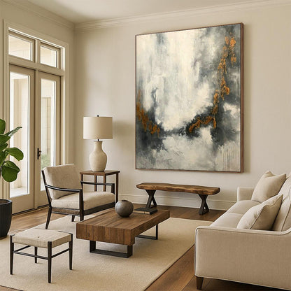 Grey - Gold Waterfall Abstract Art for Living Room & Study DLZ0538