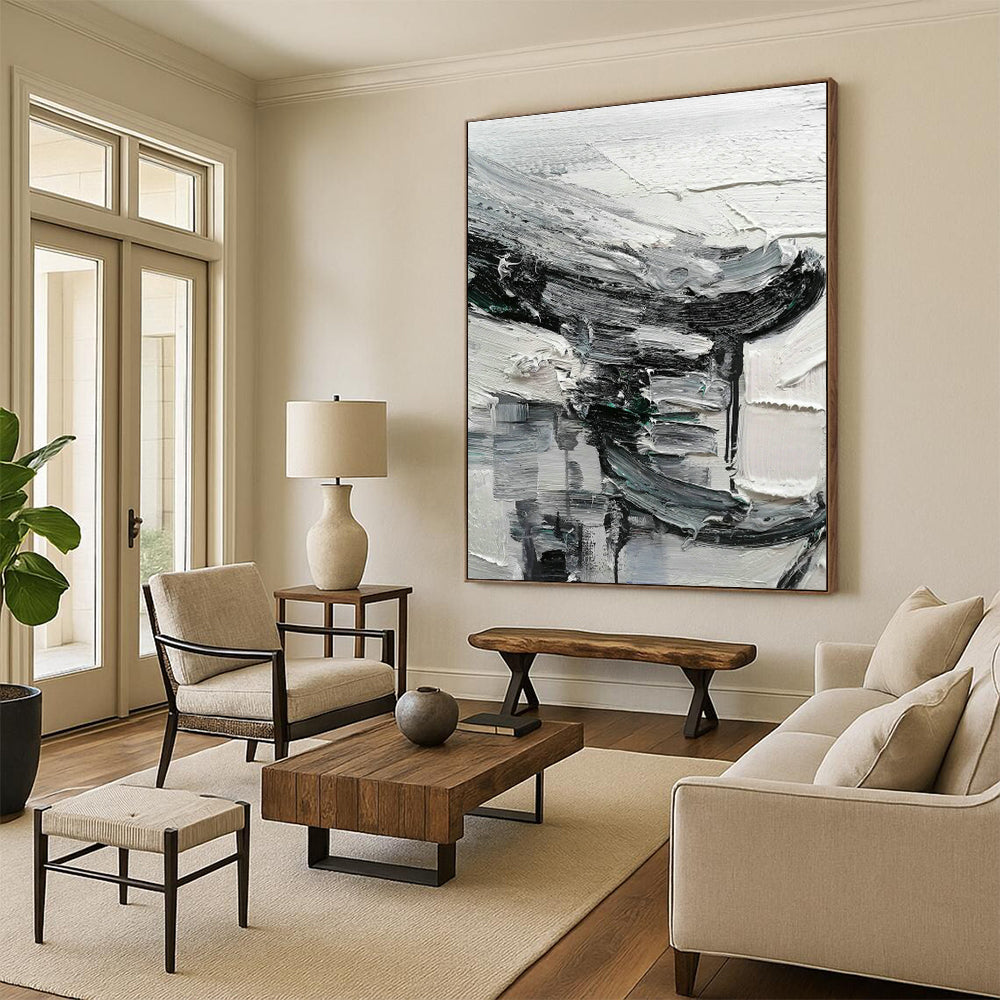 Black - White - Gray Abstract Painting for Minimalist Gallery & Modern Loft DLZ1304