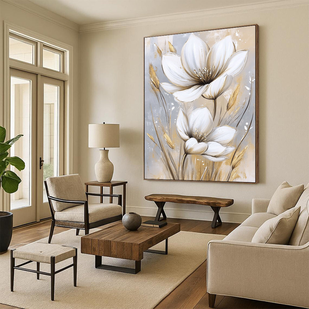 White and Gold Flowers Luxurious Floral Art for High - End Hotel Lobby & Glamorous Home Bedroom STSC1476